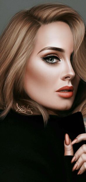 This artwork features a detailed digital portrait of Adele with striking makeup and styled hair, HD Phone Wallpaper