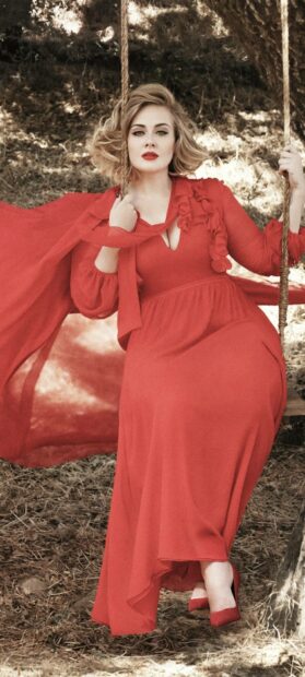 Adele Wallpapers featuring Adele sitting on a swing wearing a flowing red dress in a natural outdoor setting, HD Phone Wallpaper