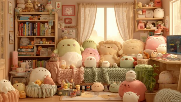 Adorable computer backgrounds, a cozy room filled with cute plush toys and soft cushions in a warm palette.