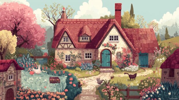Adorable computer backgrounds, charming little cottages surrounded by blooming gardens and friendly animals.