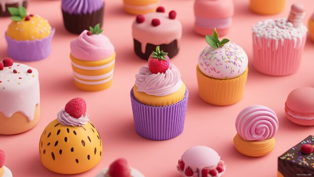 Adorable computer backgrounds, delightful cupcakes and sweets arranged in a playful display.