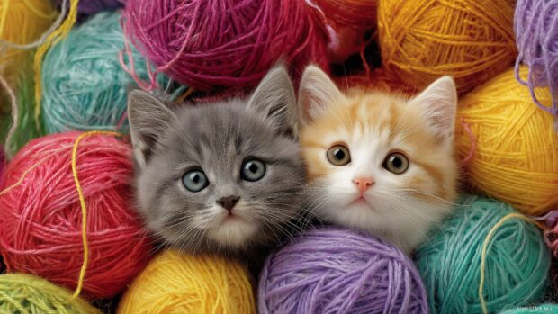 Adorable wallpapers for screens, playful kittens tangled in colorful yarn with a cheerful ambiance.