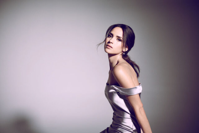 Adria Arjona Elegant Portrait in Silver Dress High Quality Wallpapers