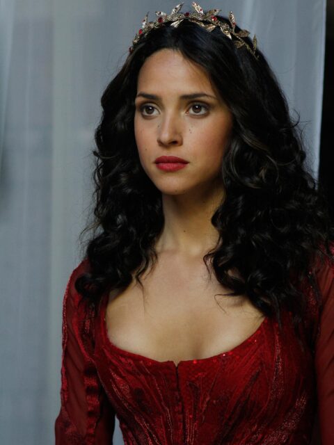 Adria Arjona in Elegant Red Dress with Crown Stunning Wallpapers