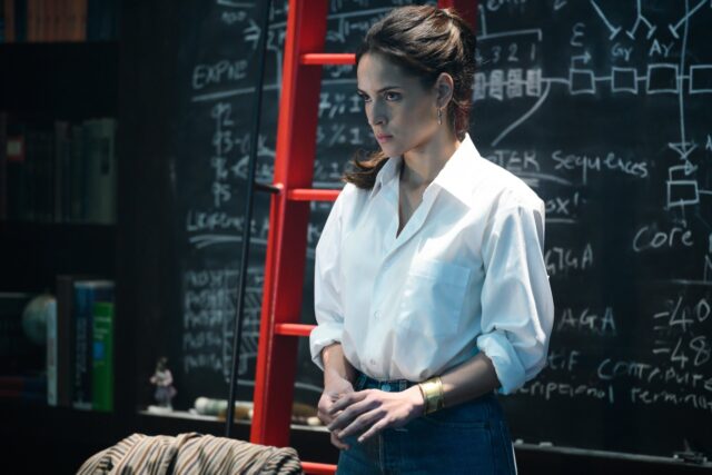 Adria Arjona in casual white shirt standing by chalkboard with scientific notes background wallpapers
