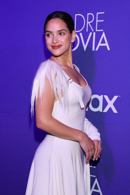 Adria Arjona stunning white dress at premiere event purple background wallpapers