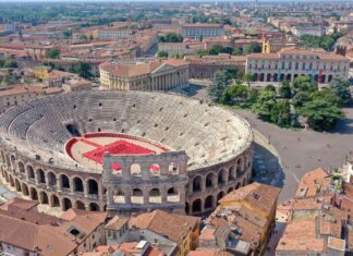 Aerial View Of Arena Di Verona In Historic Cityscape Wallpaper