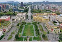 Aerial View Of Skanderbeg Square Tirana Albania Cityscape Wallpaper
