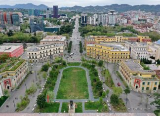 Aerial View Of Skanderbeg Square Tirana Albania Cityscape Wallpaper