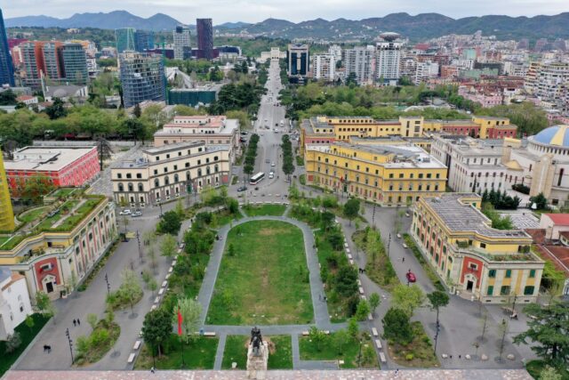 Aerial View Of Skanderbeg Square Tirana Albania Cityscape Wallpaper