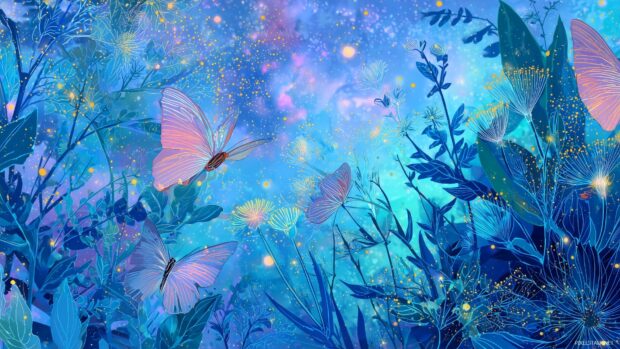 Aesthetic Butterfly Backgrounds, enchanting designs featuring butterflies amidst mystical landscapes, suitable for a charming artful display.