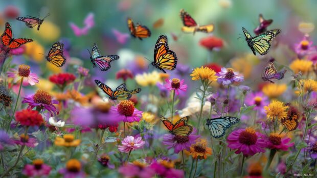 Aesthetic Butterfly Desktop HD, a lively burst of assorted butterflies in a garden setting that adds a cheerful touch to any PC.