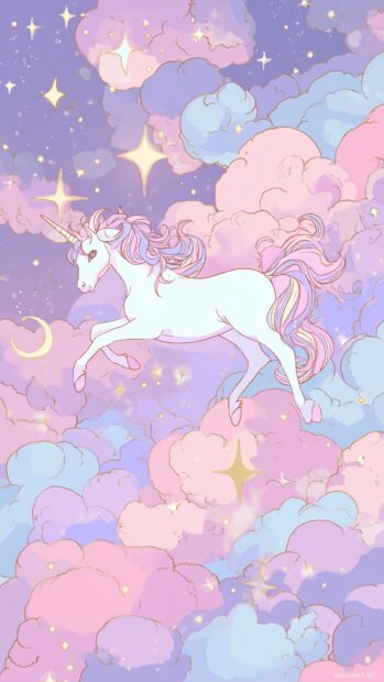 Aesthetic girly wallpaper, a whimsical unicorn floating among fluffy clouds and sparkling stars.
