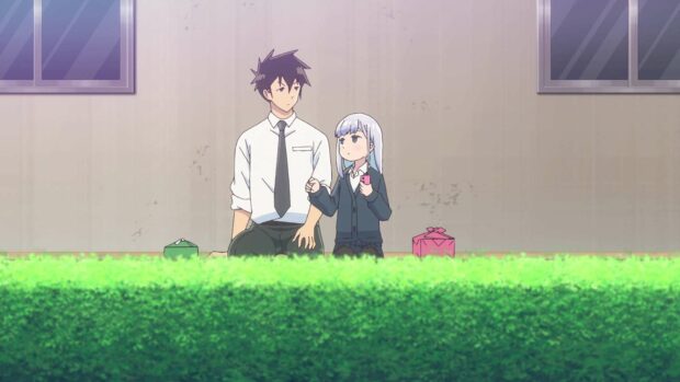 A boy and a girl sit together in a peaceful outdoor setting from Aharen San Wa Hakarenai, HD Desktop Wallpaper