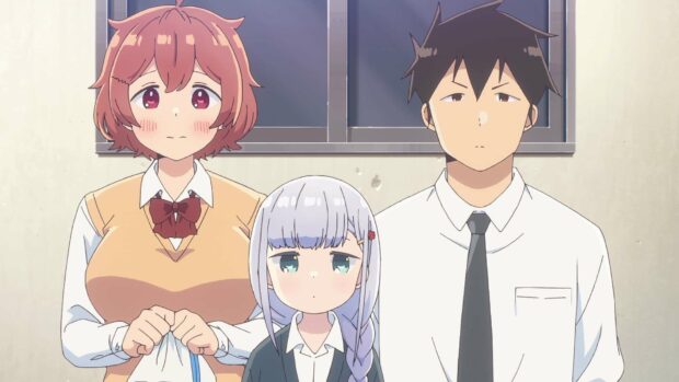 Three characters from Aharen San Wa Hakarenai standing in a room, HD Desktop Wallpaper