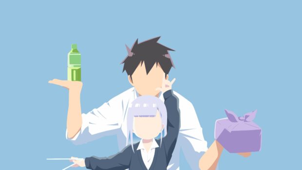 Aharen San Wa Hakarenai characters hold items with a blue background, 4K Desktop Wallpaper