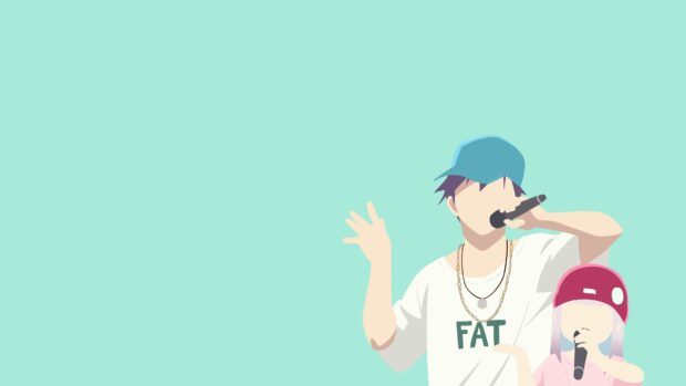 Two Aharen San Wa Hakarenai characters perform music with microphones on a teal background, 4K Desktop Wallpaper
