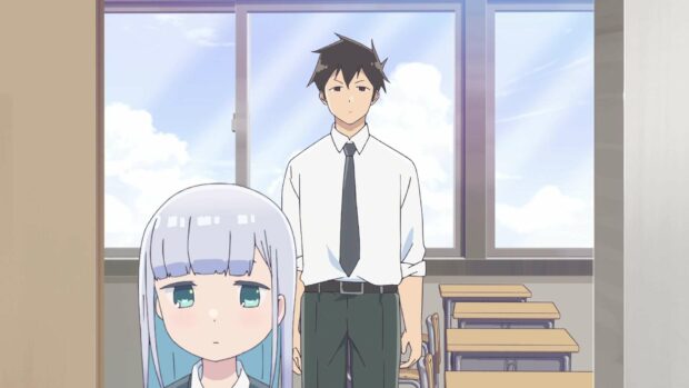 Aharen San and Raidou stand inside a bright classroom with a clear sky outside the window, HD Desktop Wallpaper
