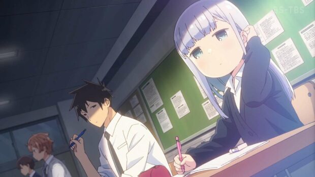 A student and Aharen San are focused on writing in a classroom scene from Aharen San Wa Hakarenai Wallpapers