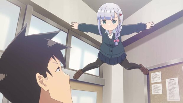Aharen San is balancing with arms stretched out inside a classroom, HD Desktop Wallpaper