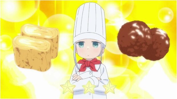 Aharen San stands with arms crossed wearing a chef outfit surrounded by shining stars and food, HD Desktop Wallpaper