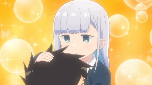 Aharen San gently touching a boy's head in a warm glowing background with bubbles in Aharen San Wa Hakarenai Wallpapers