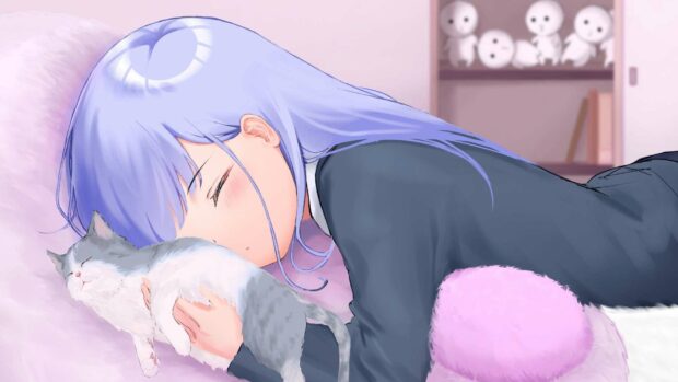 A girl from Aharen San Wa Hakarenai Wallpapers sleeping while hugging a cat, HD Desktop Wallpaper