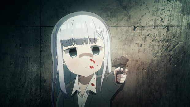 Aharen San is holding a gun with blood on her face and collar in a dim setting, 2K Desktop Wallpaper