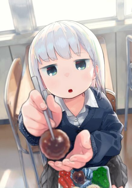 Aharen San is holding out a meatball with chopsticks while sitting in a classroom, HD Mobile Wallpaper