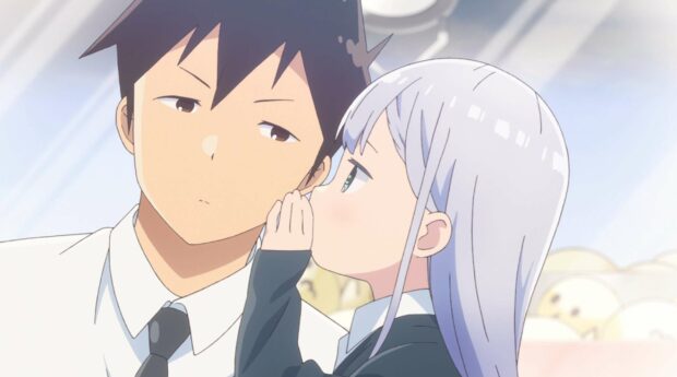 A close moment shows Aharen San whispering secrets to her classmate in a bright room, 2K Desktop Wallpaper