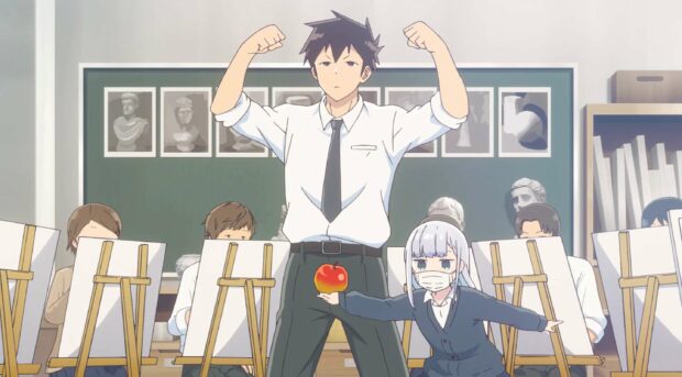 A classmate poses with an apple while Aharen San observes in the art room Aharen San Wa Hakarenai Wallpapers