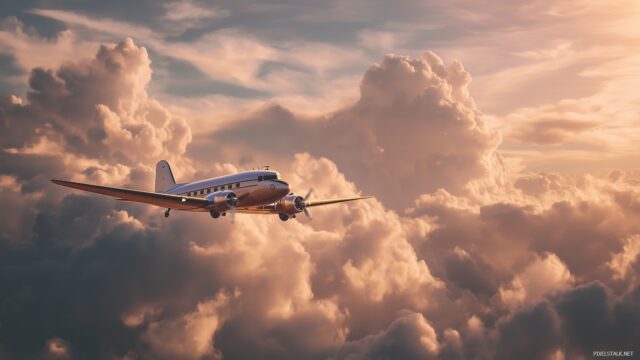 Airplane Background HD For Desktop Computer, A Vintage Airplane Flying Through The Clouds During Golden Hour, Capturing Nostalgia