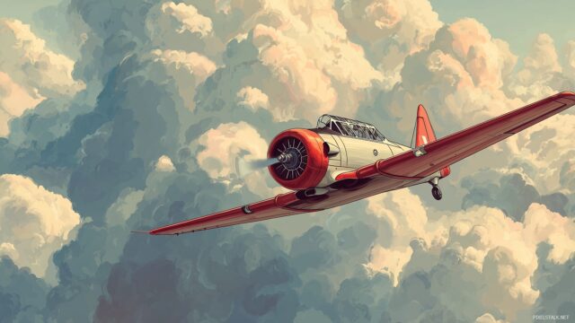 Airplane Background For PC, An Artistic Representation Of A Retro Airplane Flying Against A Backdrop Of Fluffy Clouds