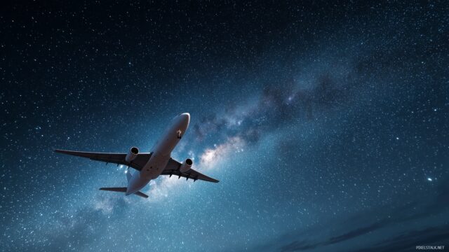 Airplane Desktop Background HD Free Download, A View Of An Airplane Cruising At High Altitude With A Starry Sky Above