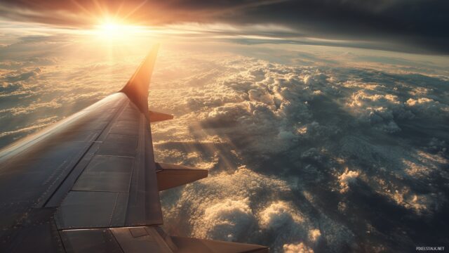 Airplane Desktop HD Background, A Close Up Of An Airplane Wing With The Sun Shining Brightly Above Cloud Formations