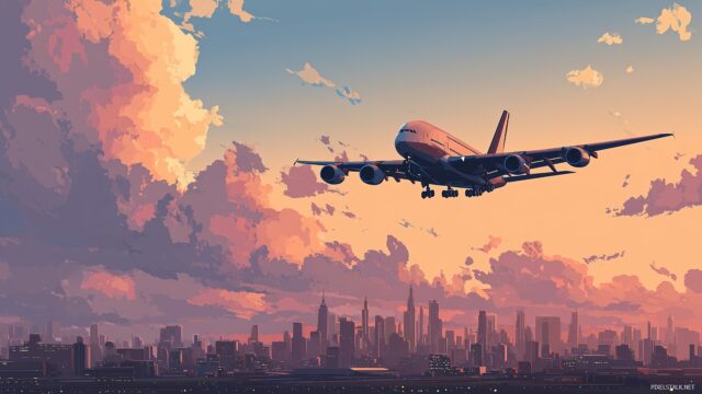 Airplane Full HD Desktop Background, A Detailed Illustration Of An Airplane Flying Over A Bustling City Skyline At Dusk