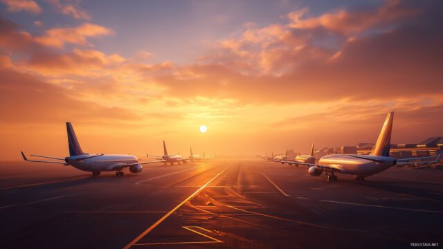 Airplane HD Background, A Serene Scene Of Multiple Airplanes Parked At An Airport Runway During Sunrise