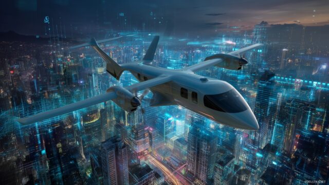 Airplane HD Background Free Download, A Futuristic Airplane Design Flying Through A Digital Landscape Of A High Tech City