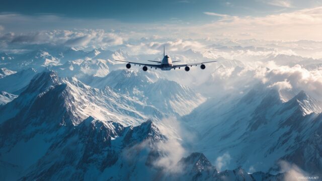 Airplane HD Desktop Background, An Aerial Shot Of An Airplane Flying Above Snow Capped Mountains Under A Clear Sky