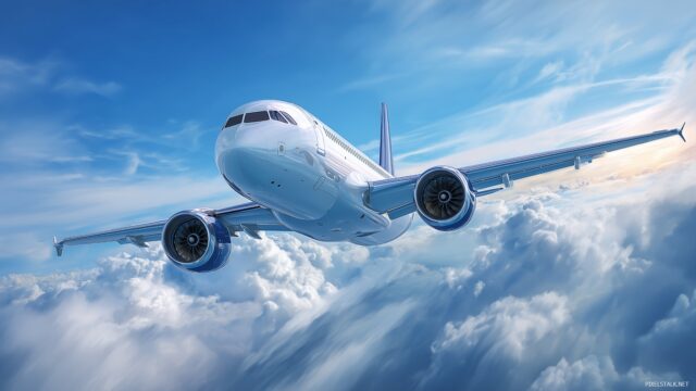 Airplane High Definition Background, A Sleek Modern Airplane Soaring Through A Bright Blue Sky, Detailed And Vivid