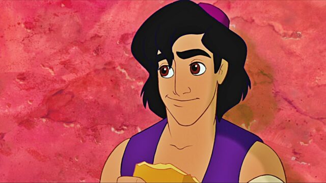 Aladdin Cartoon Wallpaper Featuring Aladdin Smiling with Purple Vest and Red Background