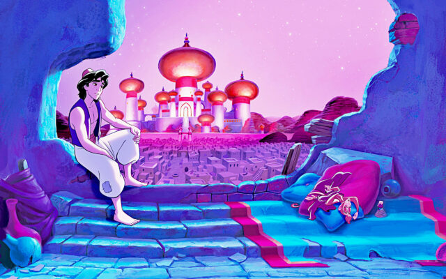 Aladdin Cartoon Wallpaper Featuring Aladdin and Genie with Agrabah Palace in Background