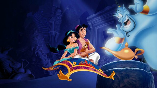Aladdin Cartoon Wallpapers Aladdin Jasmine and Genie Flying on Magic Carpet in Cave