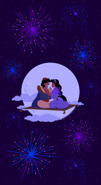 Aladdin Cartoon Wallpapers Aladdin and Jasmine Flying on Magic Carpet Under Fireworks and Full Moon