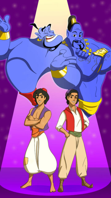 Aladdin Cartoon Wallpapers Featuring Classic and Modern Genie with Two Aladdins in Spotlight