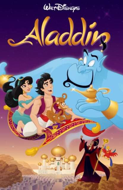Aladdin Cartoon Wallpapers Featuring Genie Flying Carpet and Palace Scene by Walt Disney