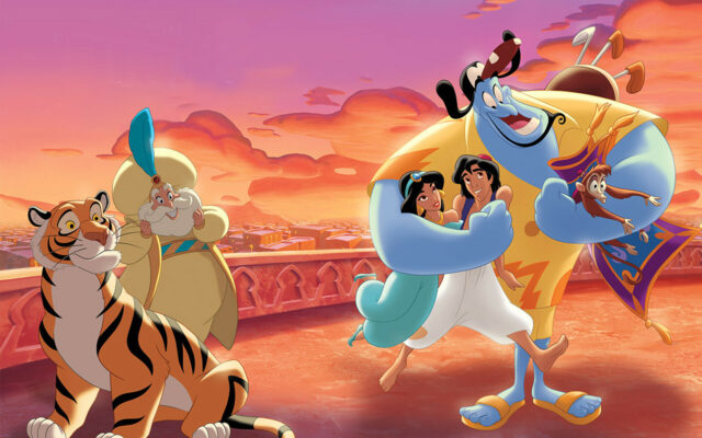 Aladdin Cartoon Wallpapers Featuring Genie Princess Jasmine and Friends on Sunset Background