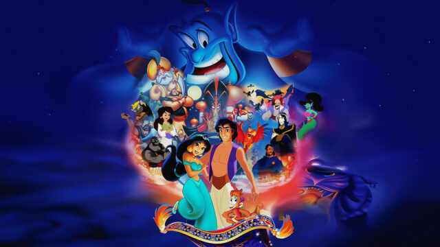Aladdin Cartoon Wallpapers Featuring Main Characters and Magical Genie in Vibrant Blue Background