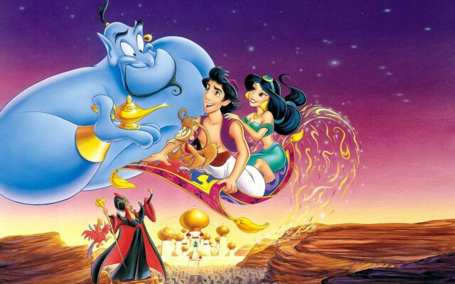Aladdin Cartoon Wallpapers Flying Magic Carpet with Genie Jasmine and Abu Over Agrabah at Sunset