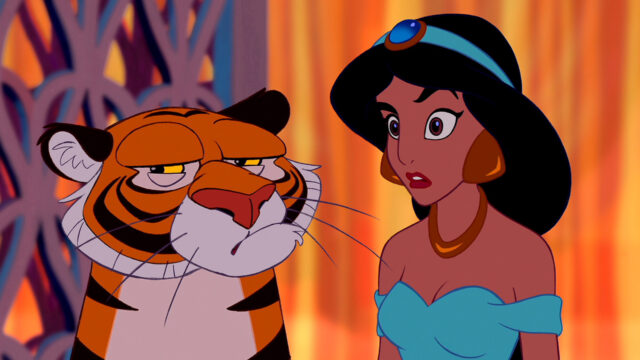 Aladdin Cartoon Wallpapers Princess Jasmine with Tiger Rajah in Animated Scene